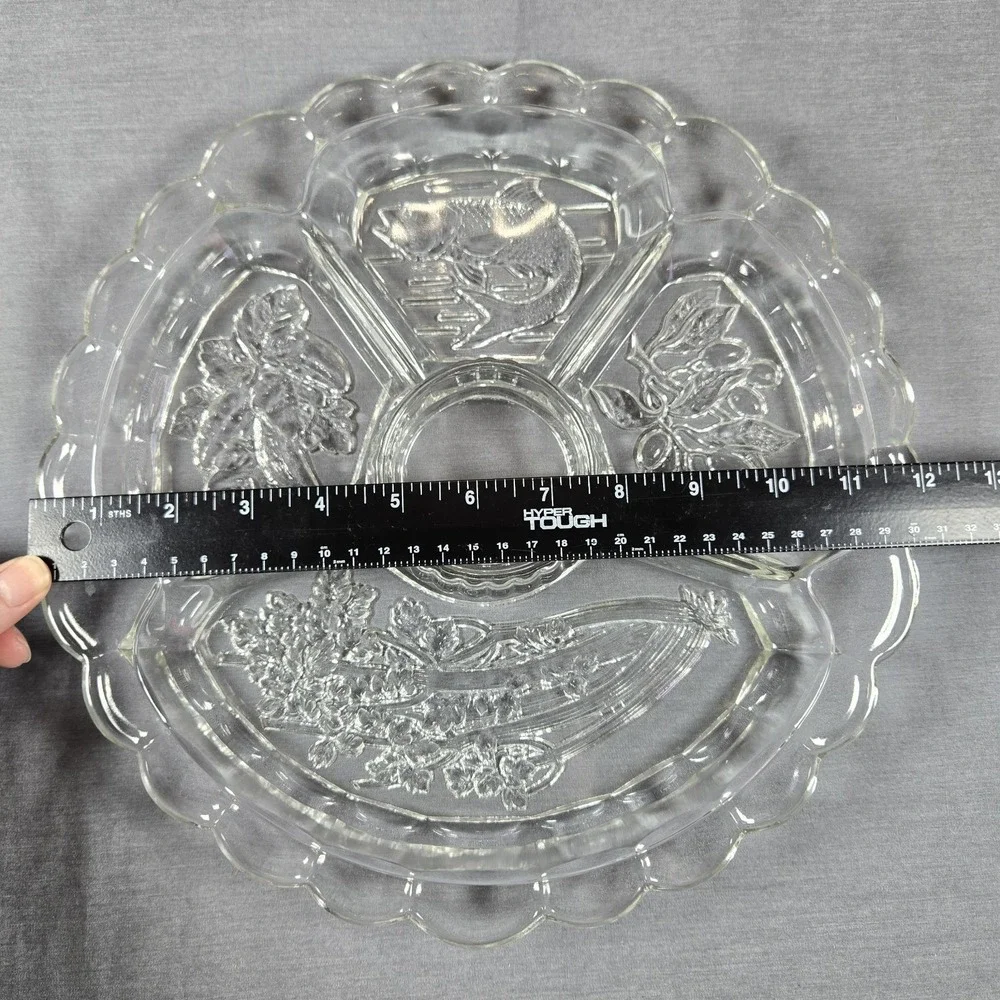 Vintage Clear Pressed Glass Divided Relish Tray‎ 5 Section Scalloped Floral 12